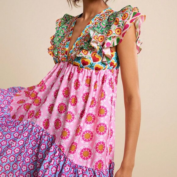 Multicolor Boho Women's Patchwork V-Neck Ruffle Waist A-Line Short Dress - Picture 5 of 8